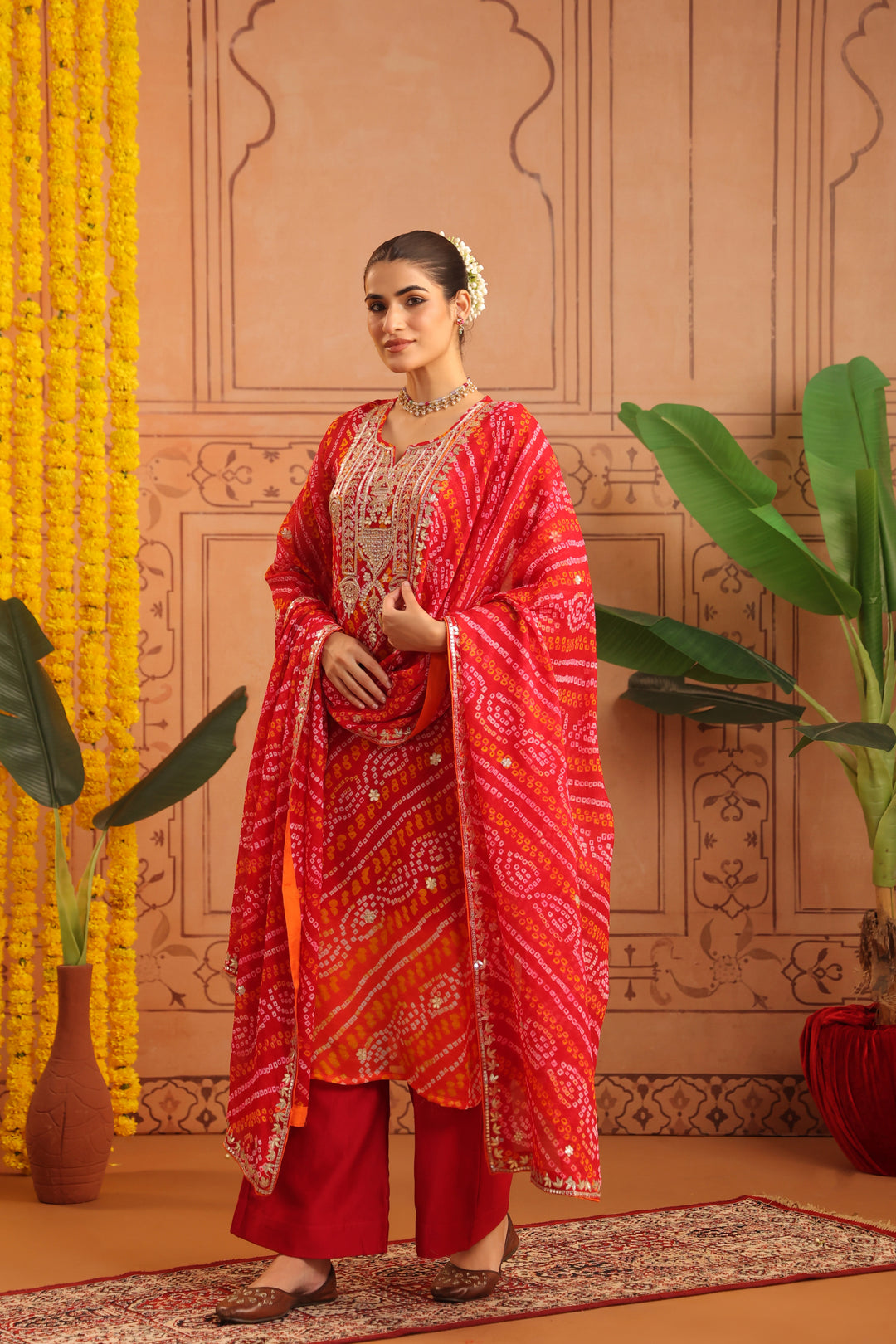 Vanya Red Orange Gota Bandhej Suit Set