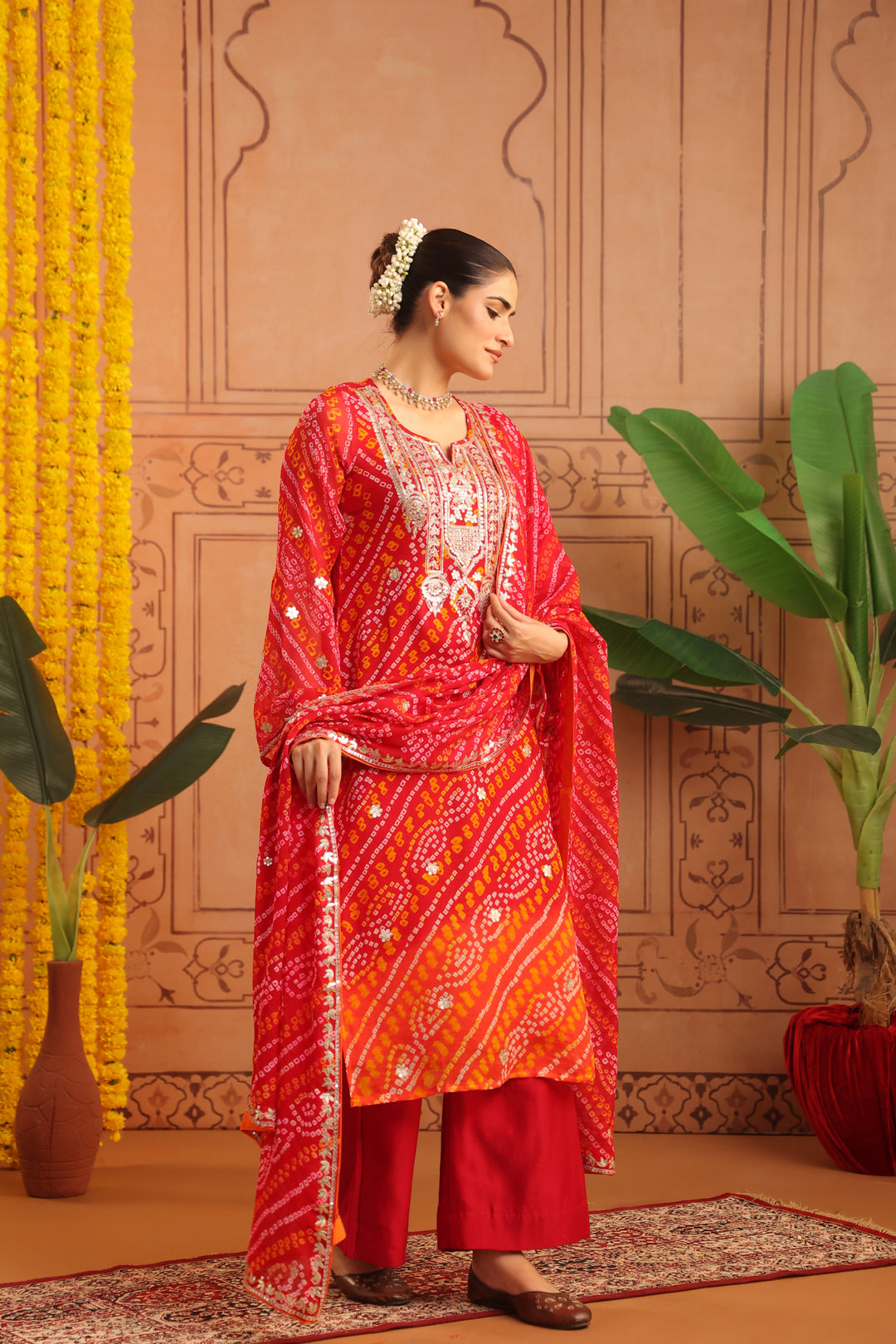 Vanya Red Orange Gota Bandhej Suit Set