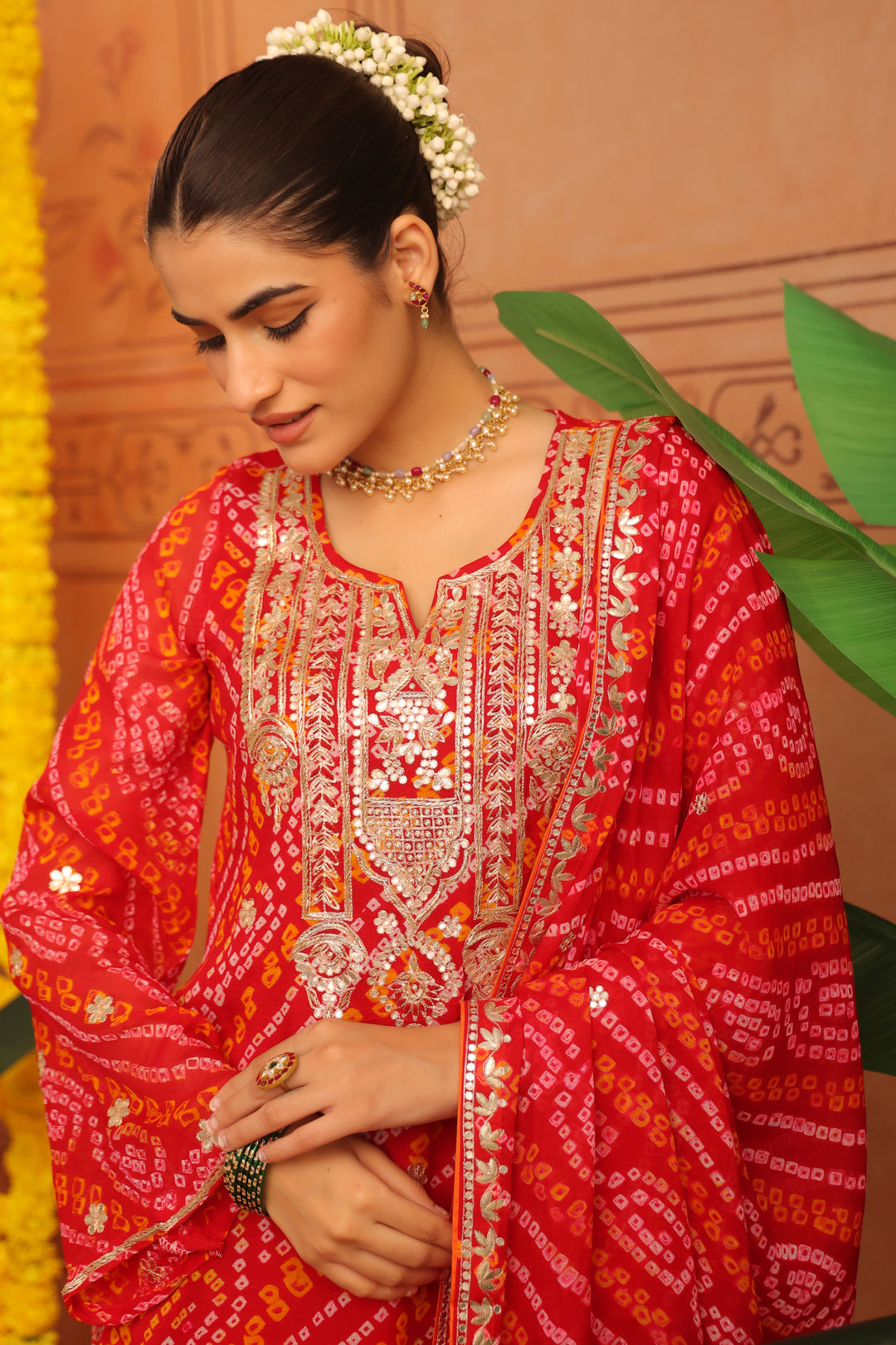 Vanya Red Orange Gota Bandhej Suit Set