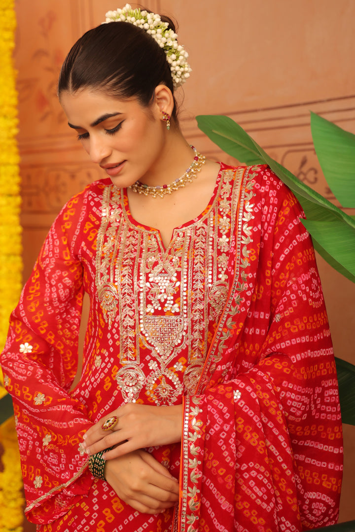 Vanya Red Orange Gota Bandhej Suit Set
