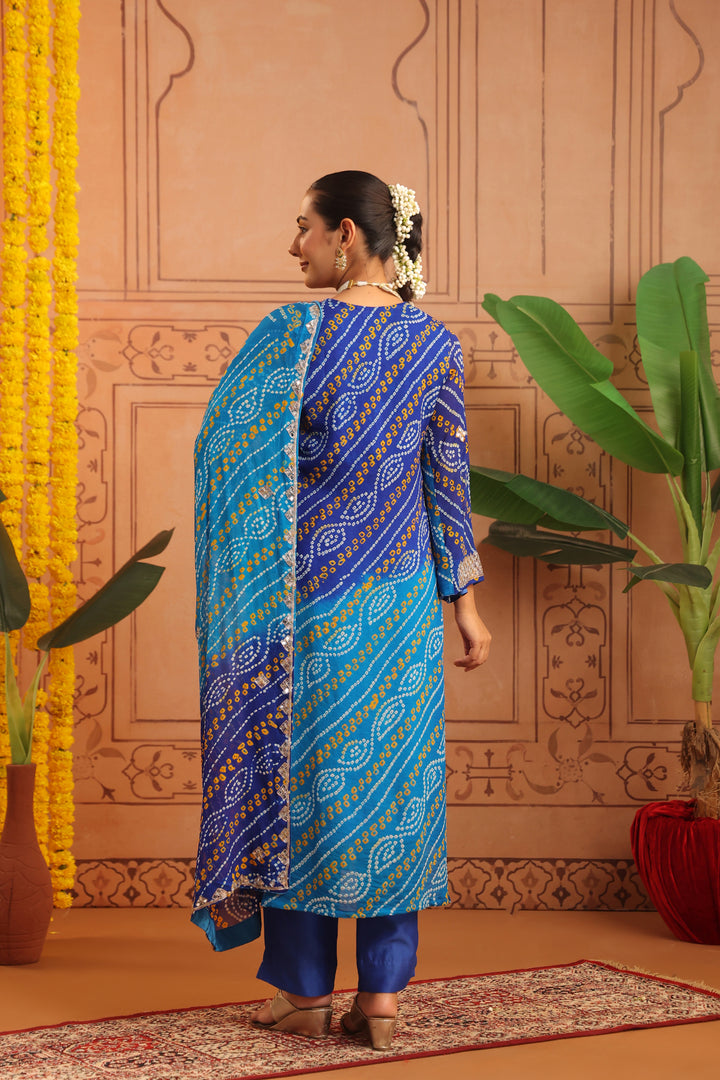Yashvi Blue Firozi Mirror Bandhej Suit Set