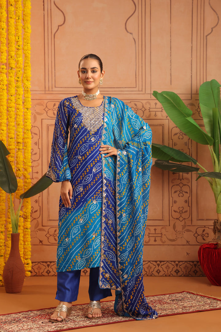 Yashvi Blue Firozi Mirror Bandhej Suit Set