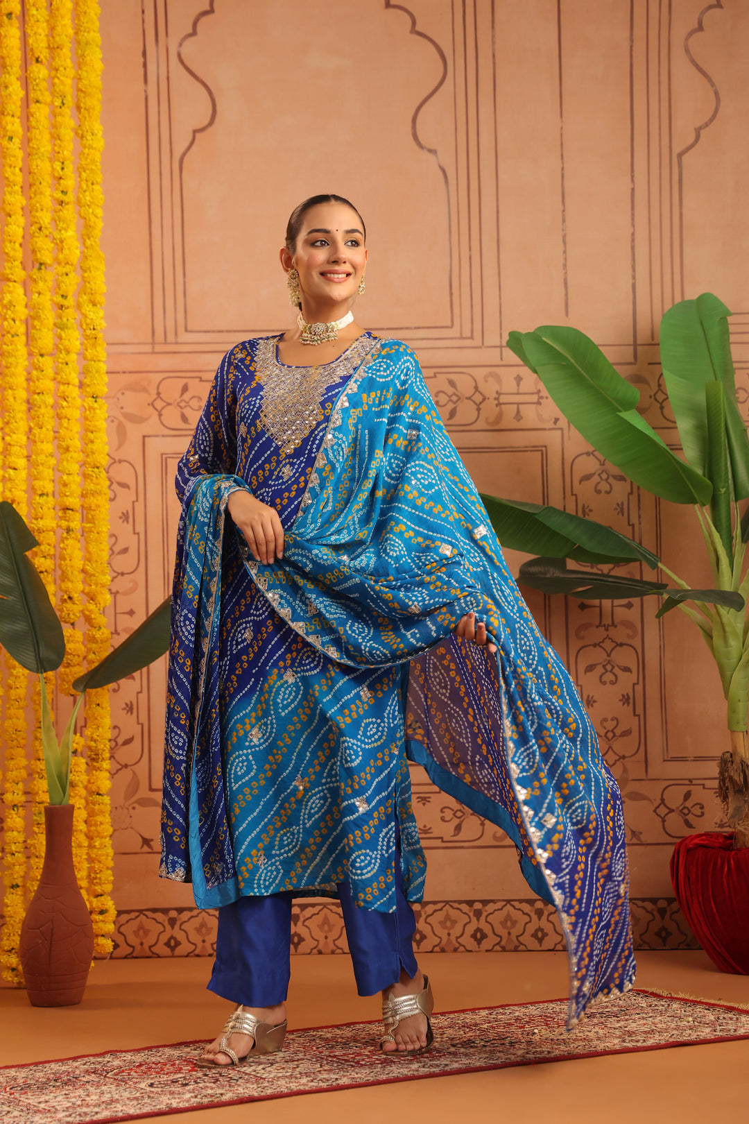 Yashvi Blue Firozi Mirror Bandhej Suit Set