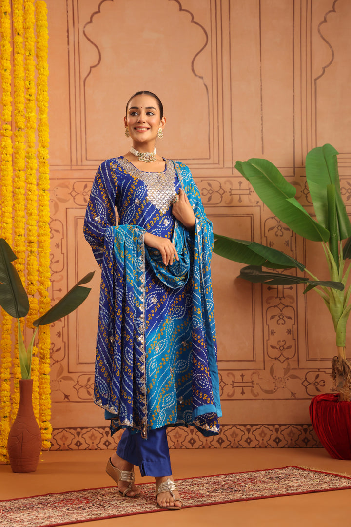 Yashvi Blue Firozi Mirror Bandhej Suit Set