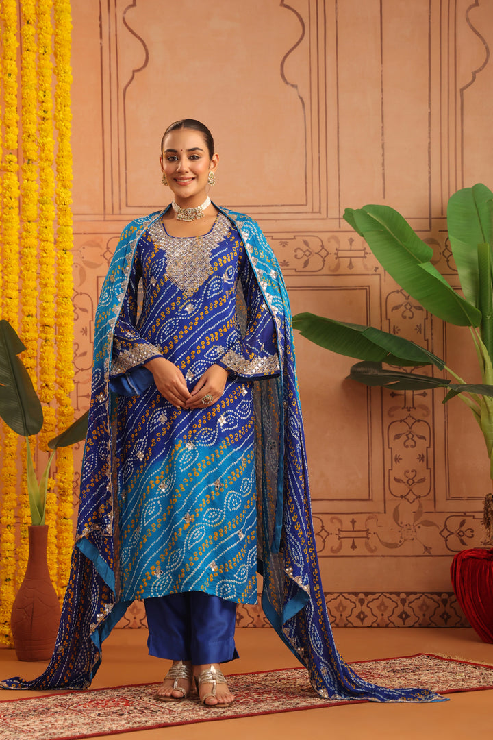 Yashvi Blue Firozi Mirror Bandhej Suit Set