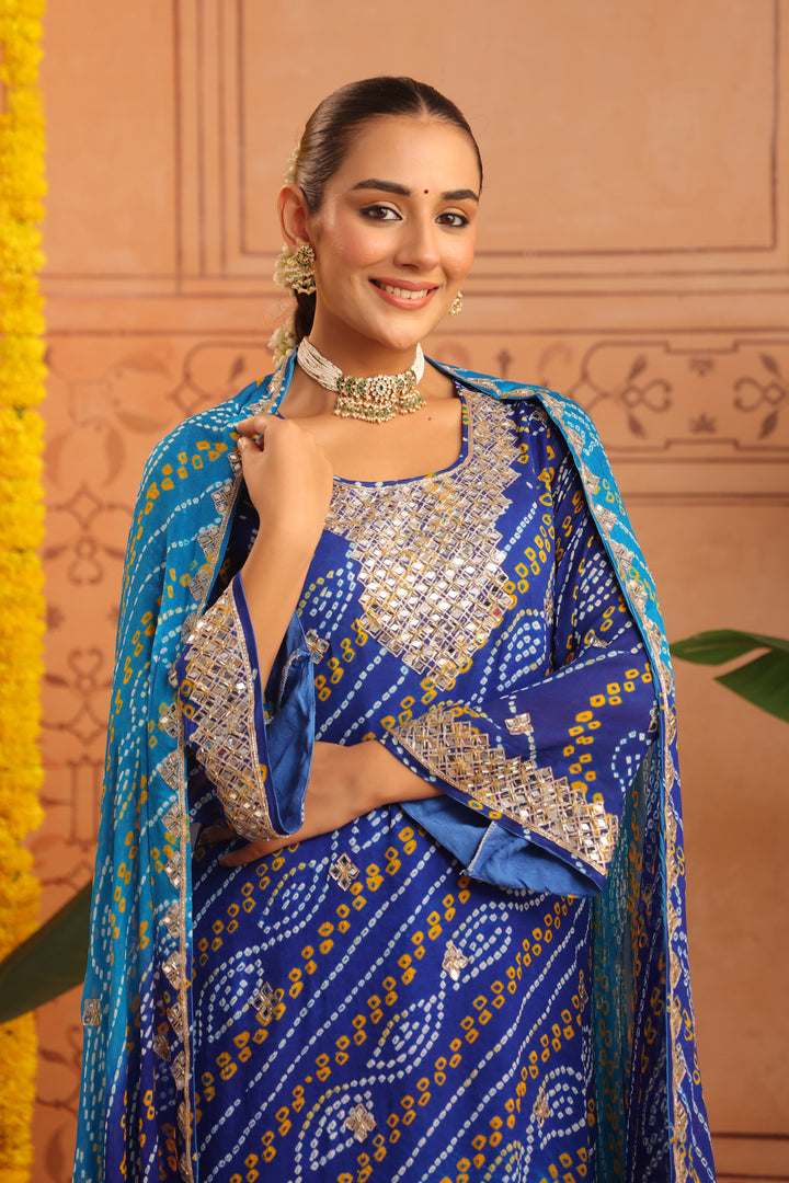 Yashvi Blue Firozi Mirror Bandhej Suit Set