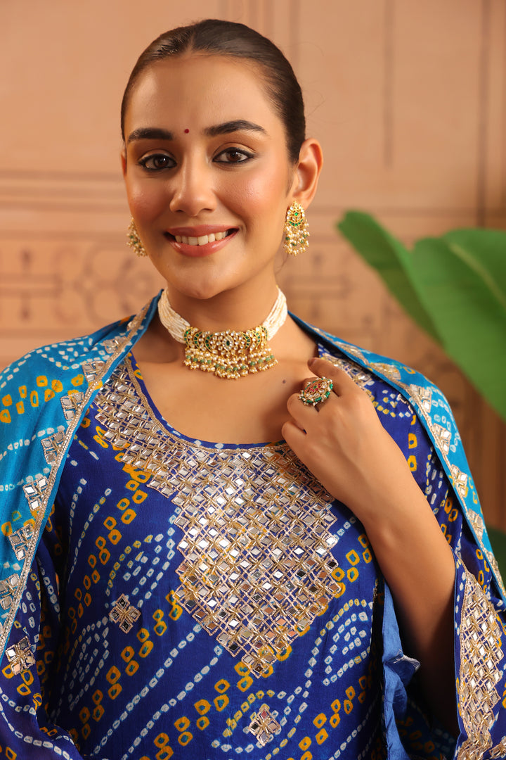 Yashvi Blue Firozi Mirror Bandhej Suit Set