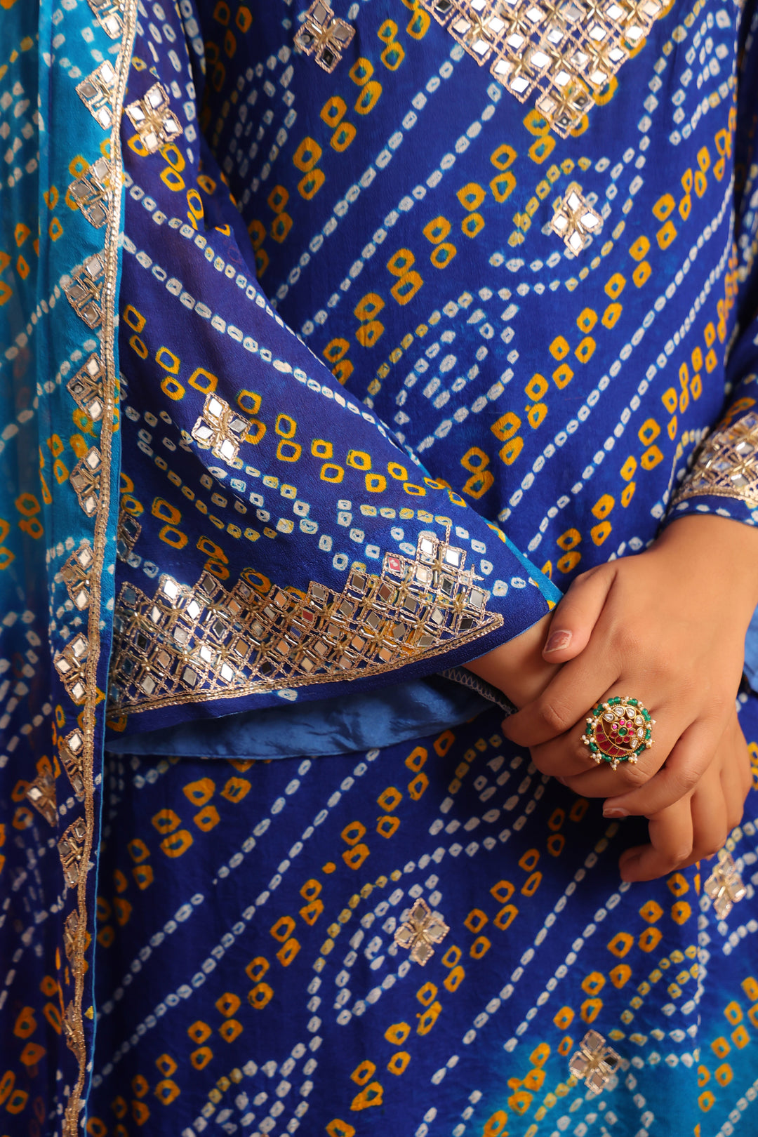 Yashvi Blue Firozi Mirror Bandhej Suit Set