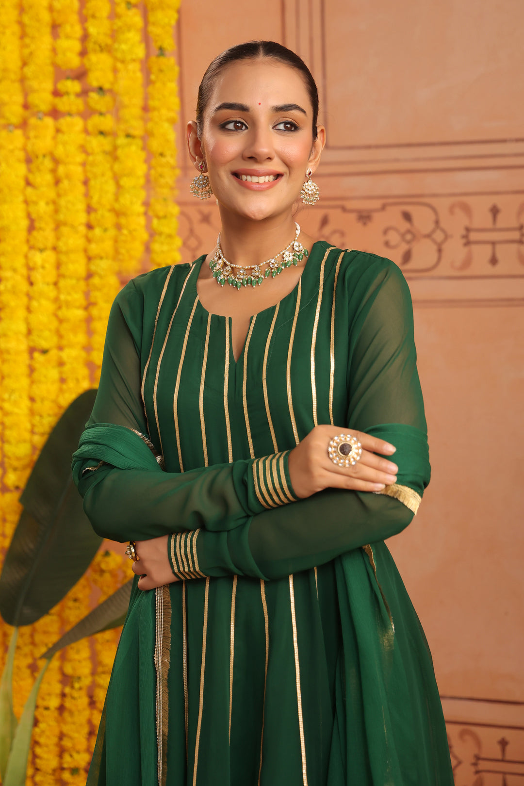 Adira Bottle Green Gota Georgette Anarkali Set