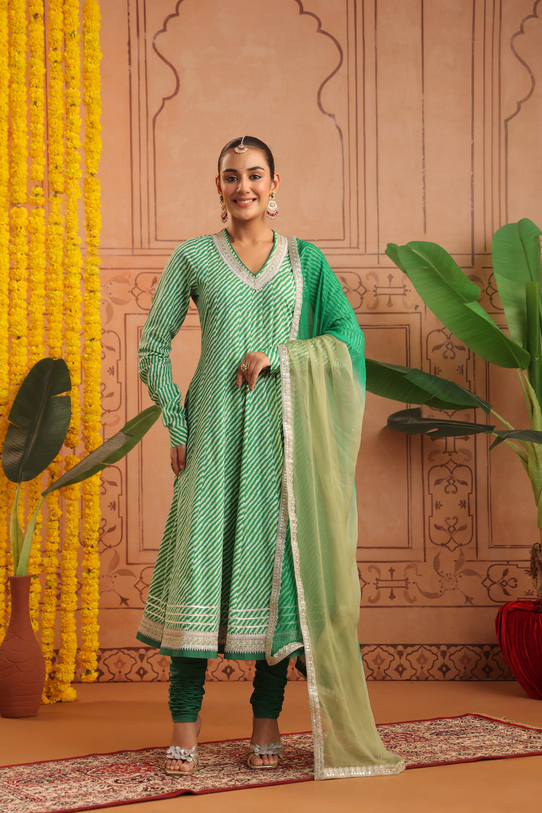 Hiranya Green Leheriya Anarkali Set