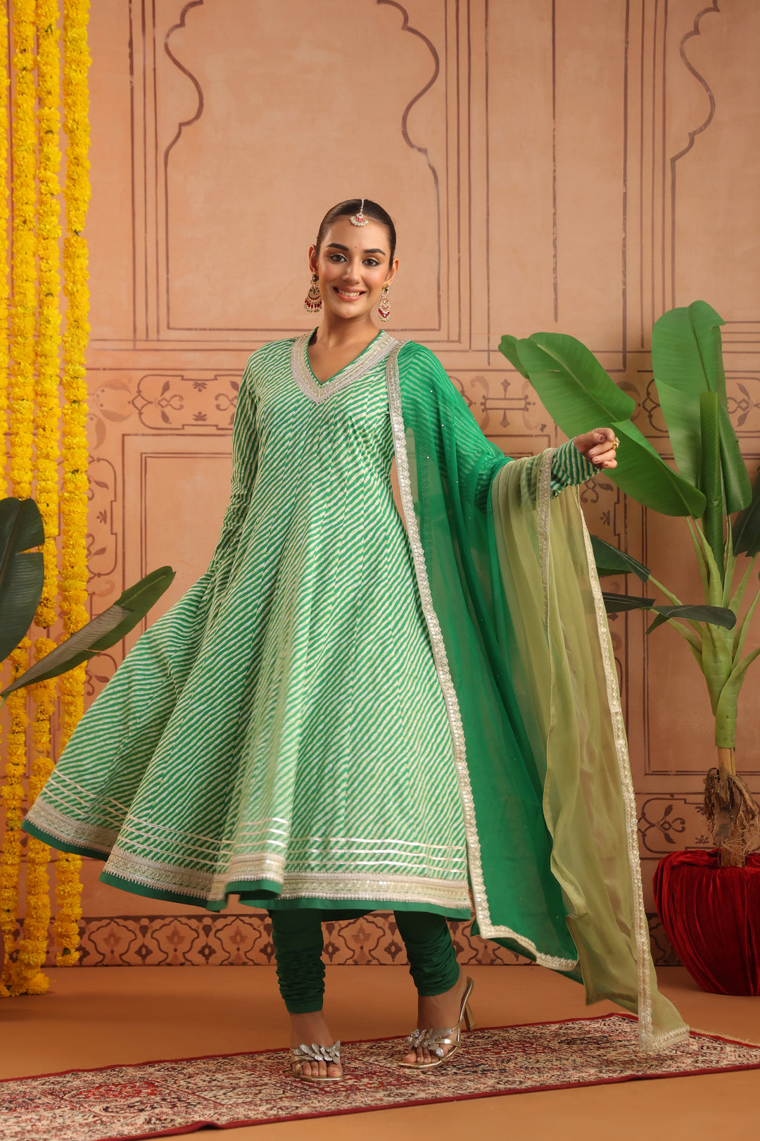 Hiranya Green Leheriya Anarkali Set