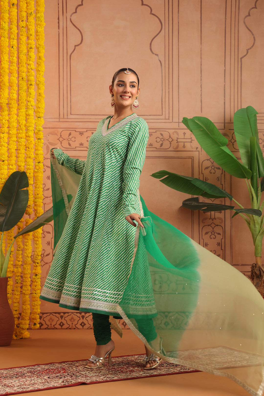 Hiranya Green Leheriya Anarkali Set