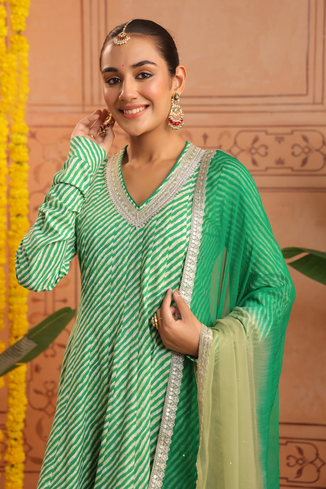 Hiranya Green Leheriya Anarkali Set