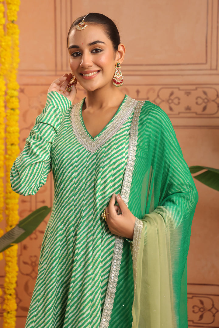 Hiranya Green Leheriya Anarkali Set