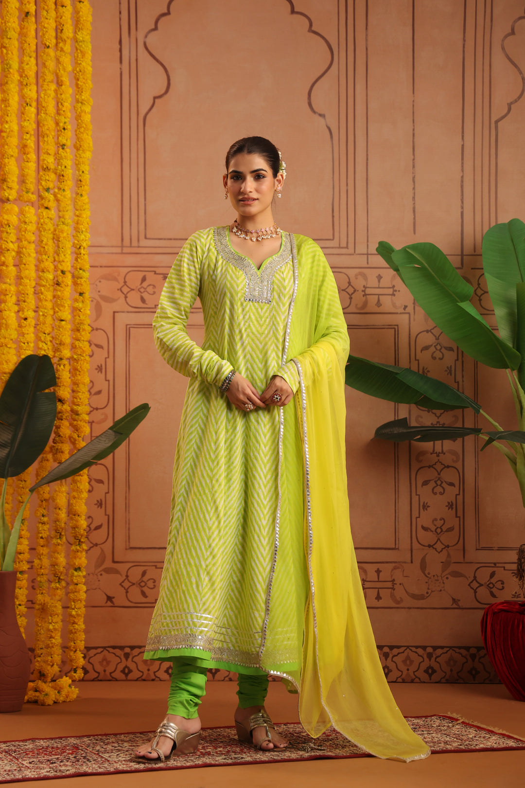 Sundri Lime Leheriya Anarkali Set
