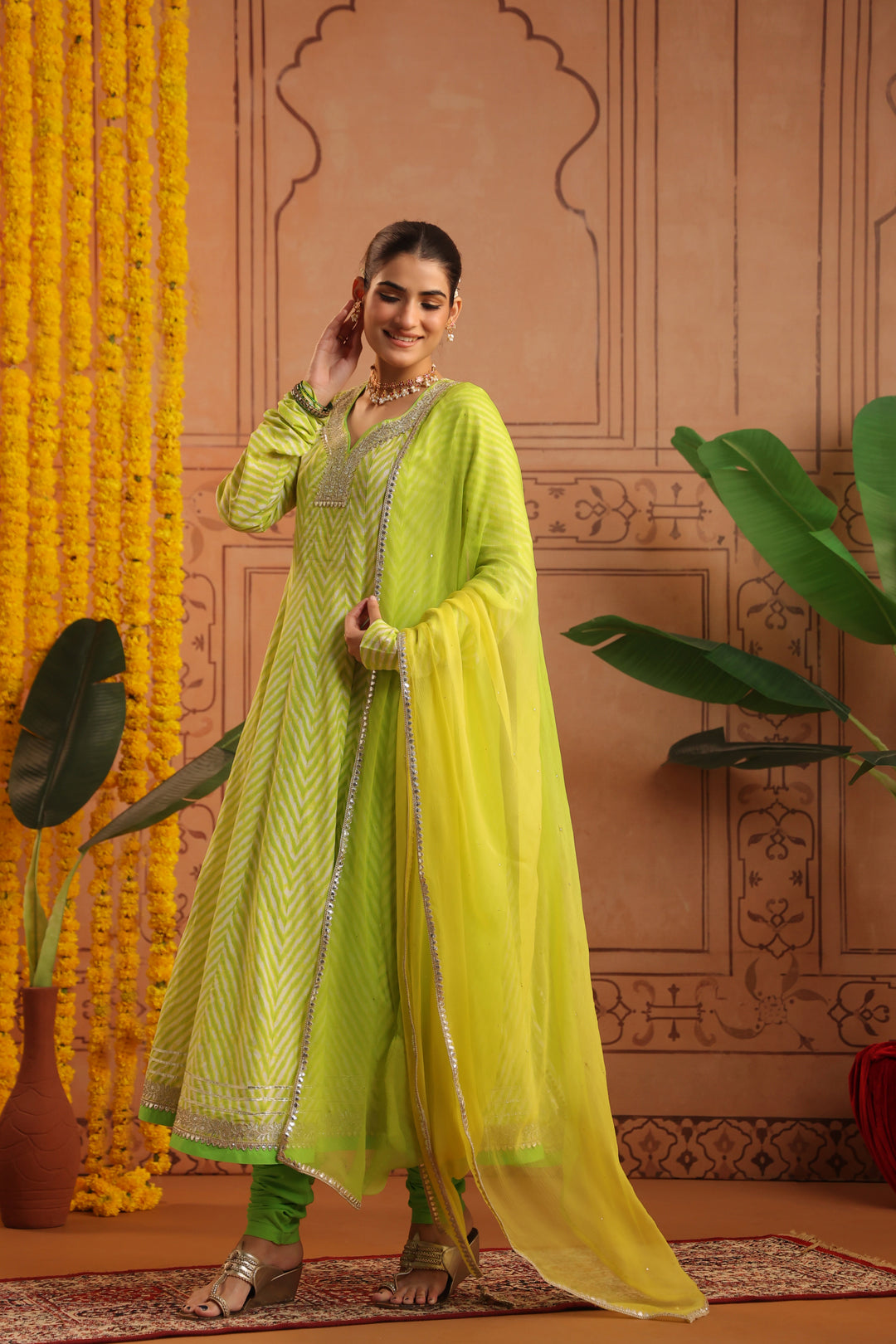Sundri Lime Leheriya Anarkali Set