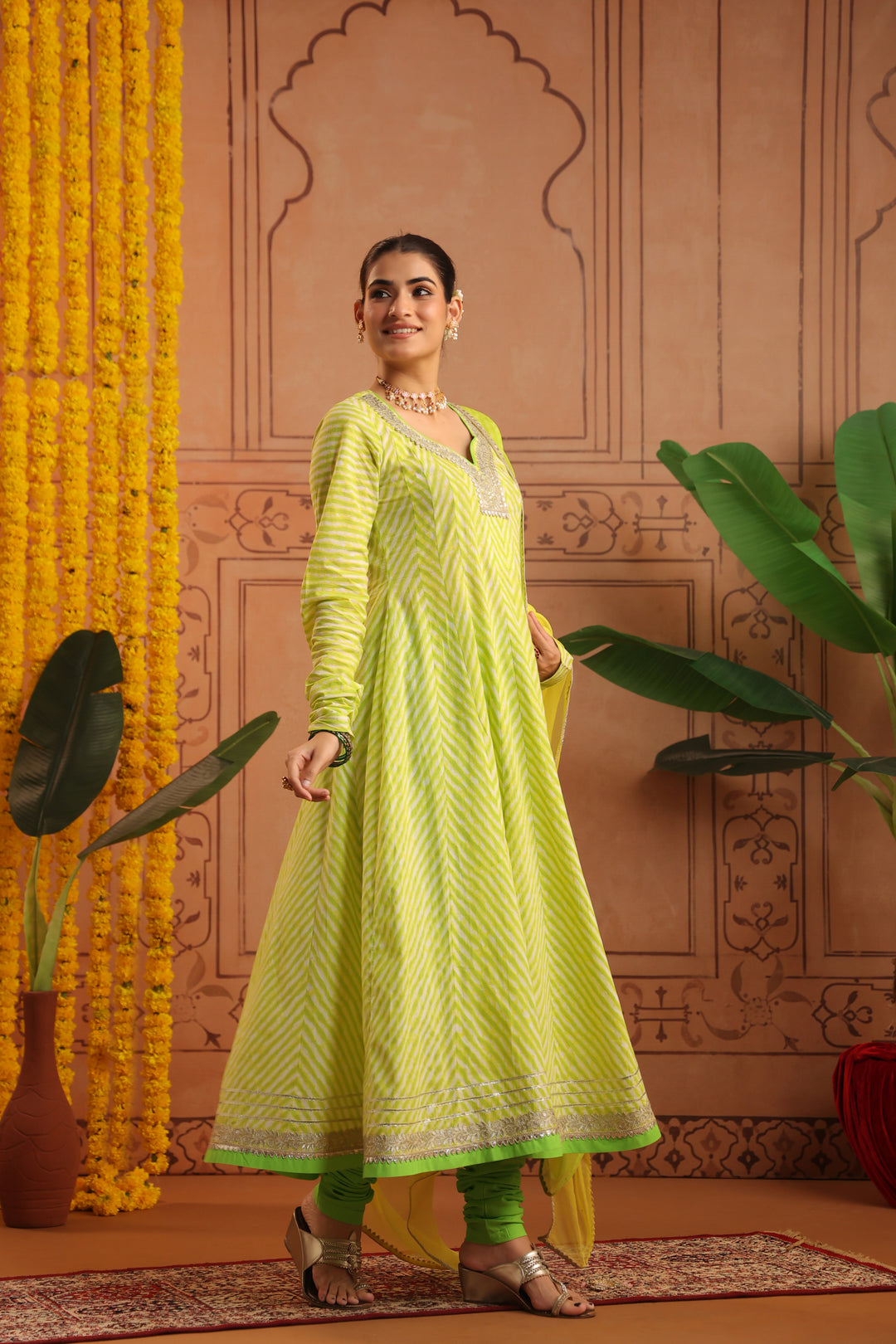 Sundri Lime Leheriya Anarkali Set
