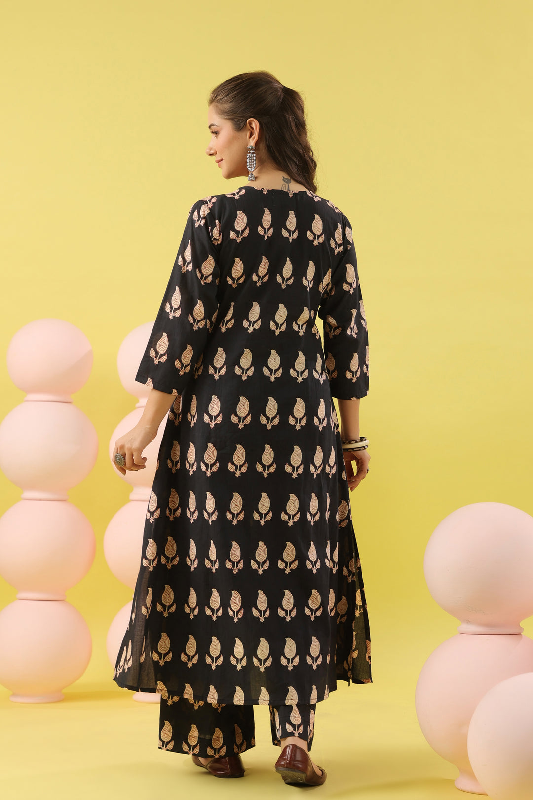 Black Paisley White A-line Kurta Set