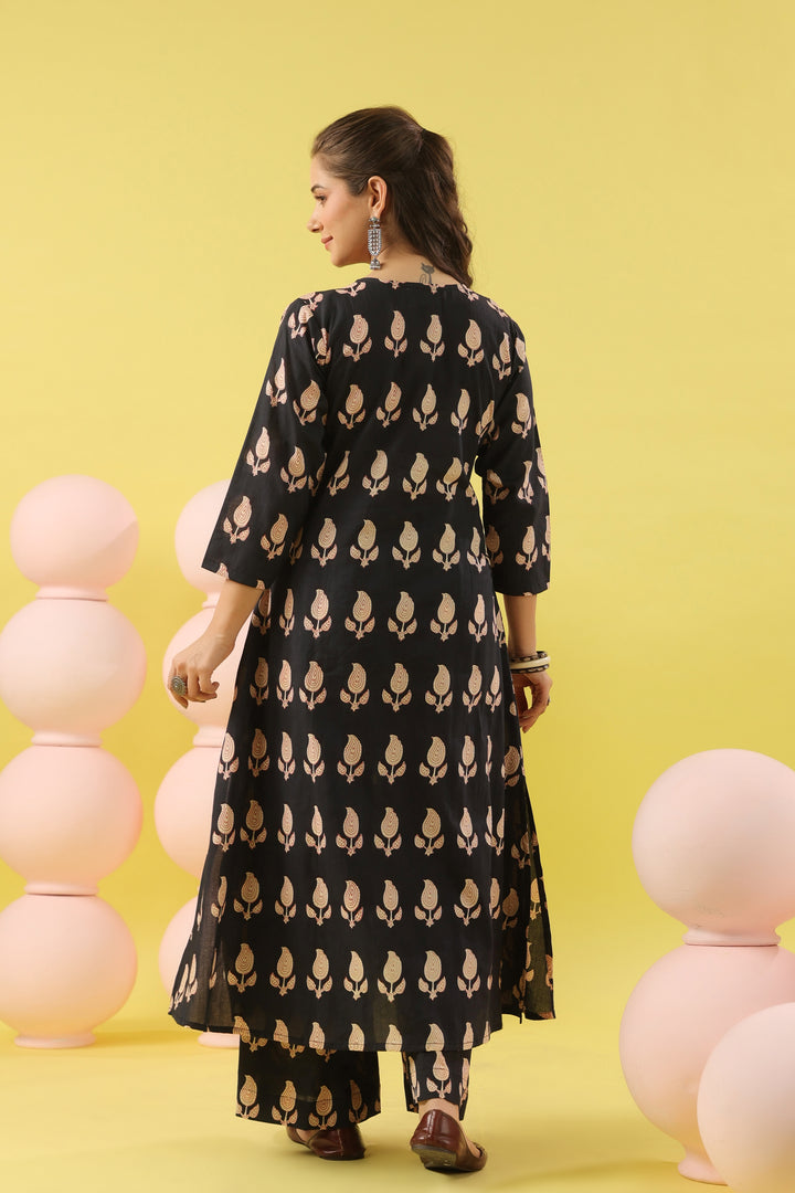 Black Paisley White A-line Kurta Set