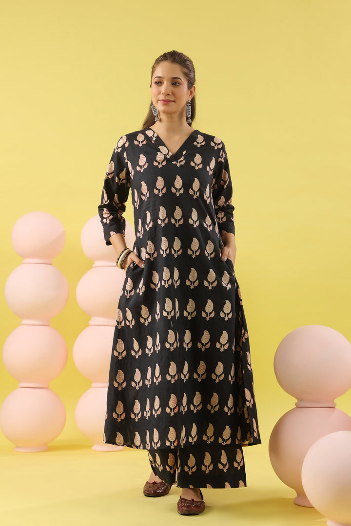 Black Paisley White A-line Kurta Set