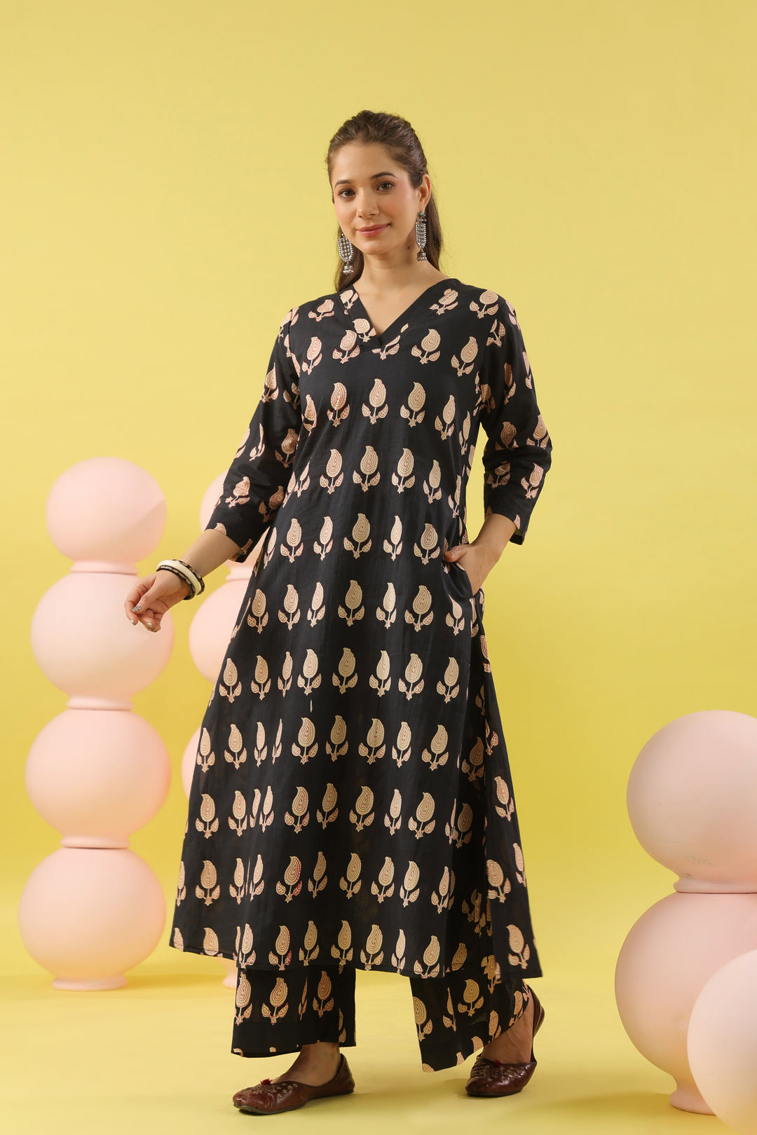 Black Paisley White A-line Kurta Set