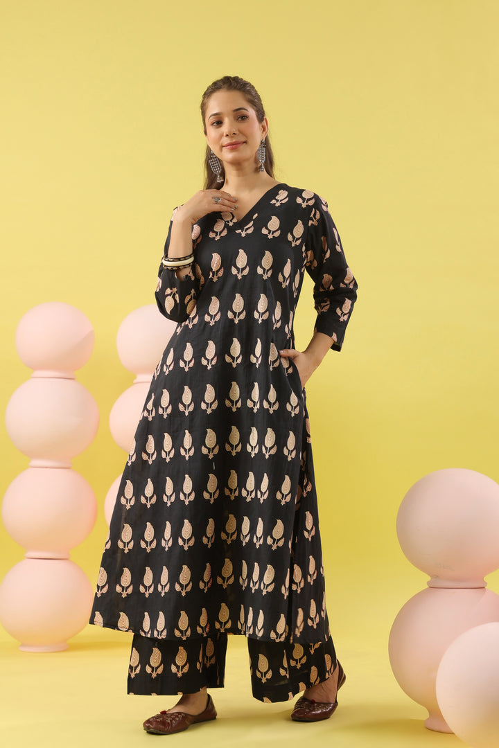Black Paisley White A-line Kurta Set