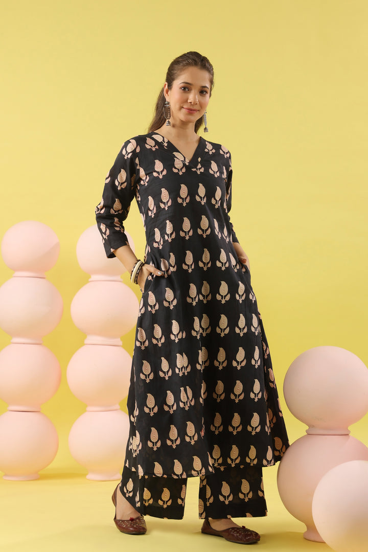 Black Paisley White A-line Kurta Set