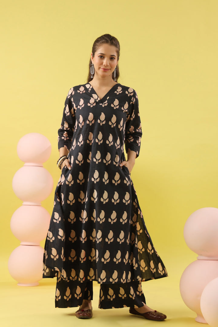 Black Paisley White A-line Kurta Set