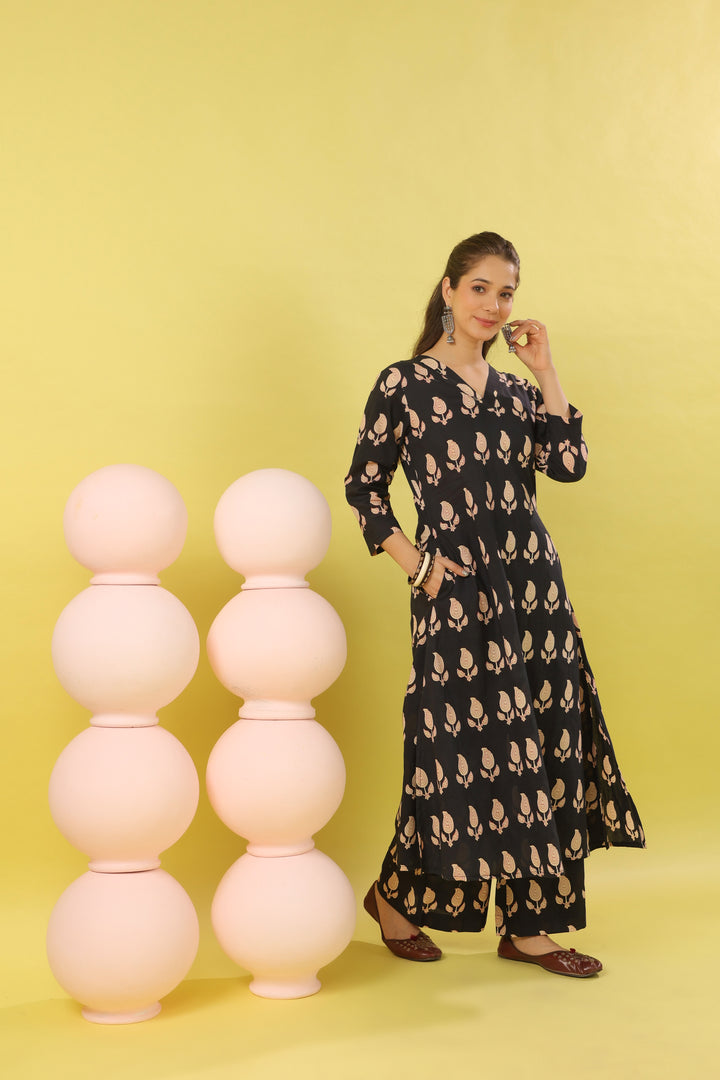 Black Paisley White A-line Kurta Set