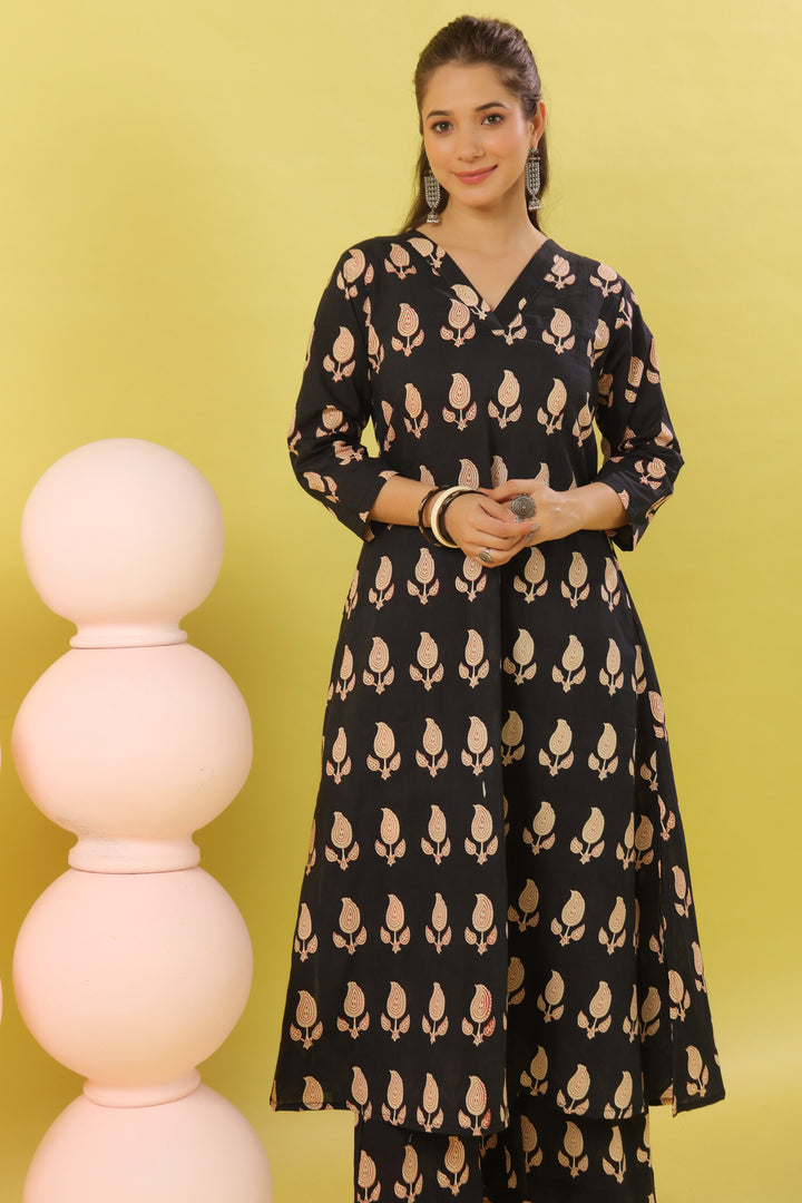 Black Paisley White A-line Kurta Set