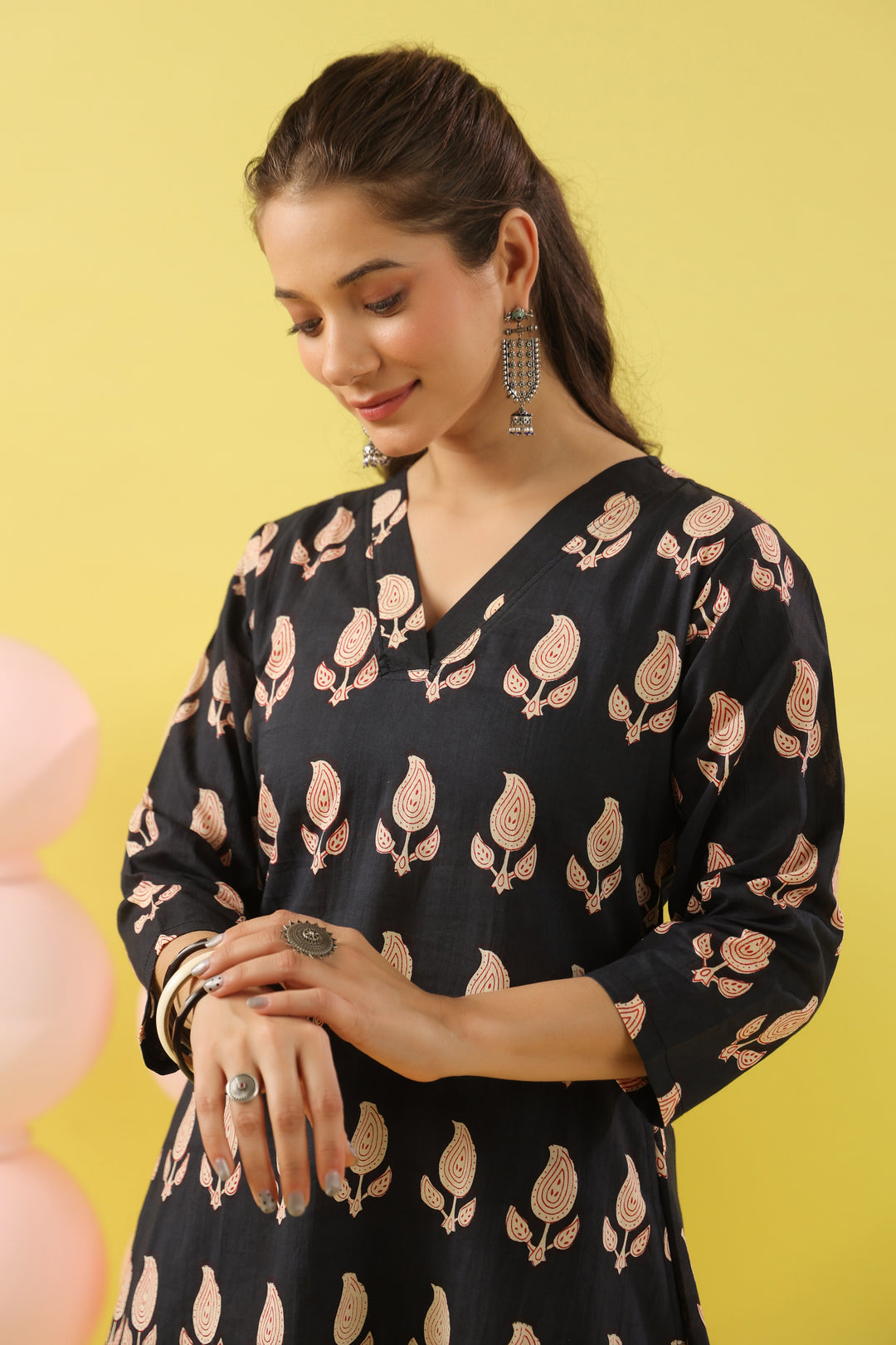 Black Paisley White A-line Kurta Set