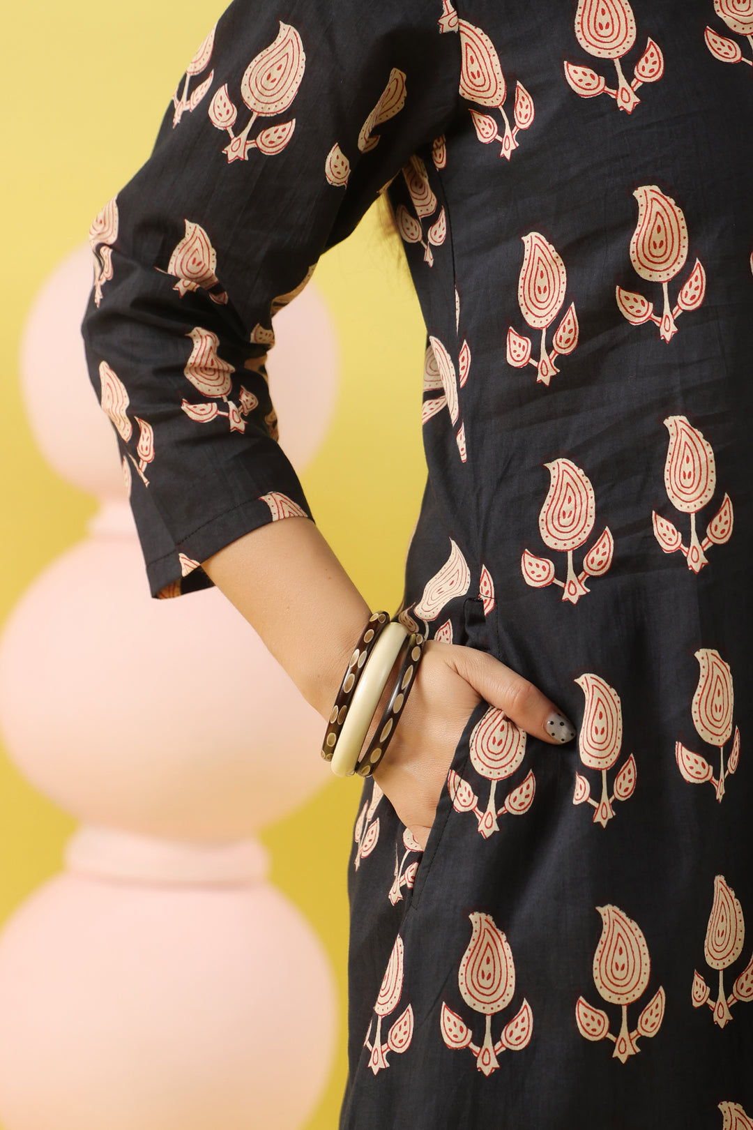 Black Paisley White A-line Kurta Set