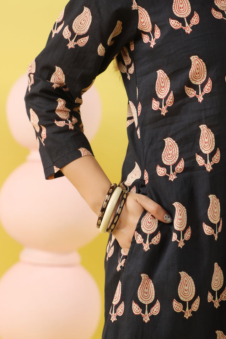 Black Paisley White A-line Kurta Set