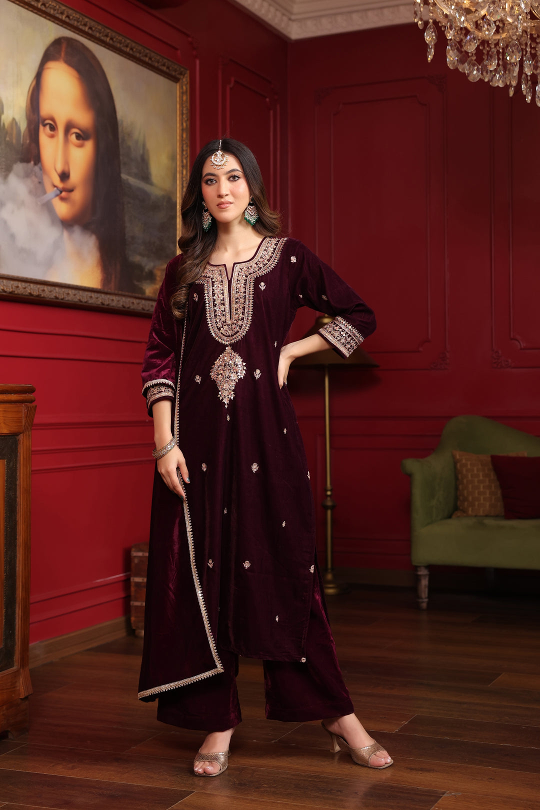 Wine Velvet Marodi Suit Set