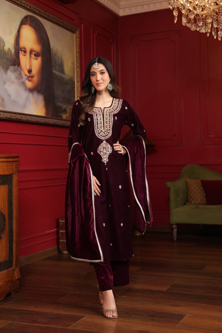 Wine Velvet Marodi Suit Set