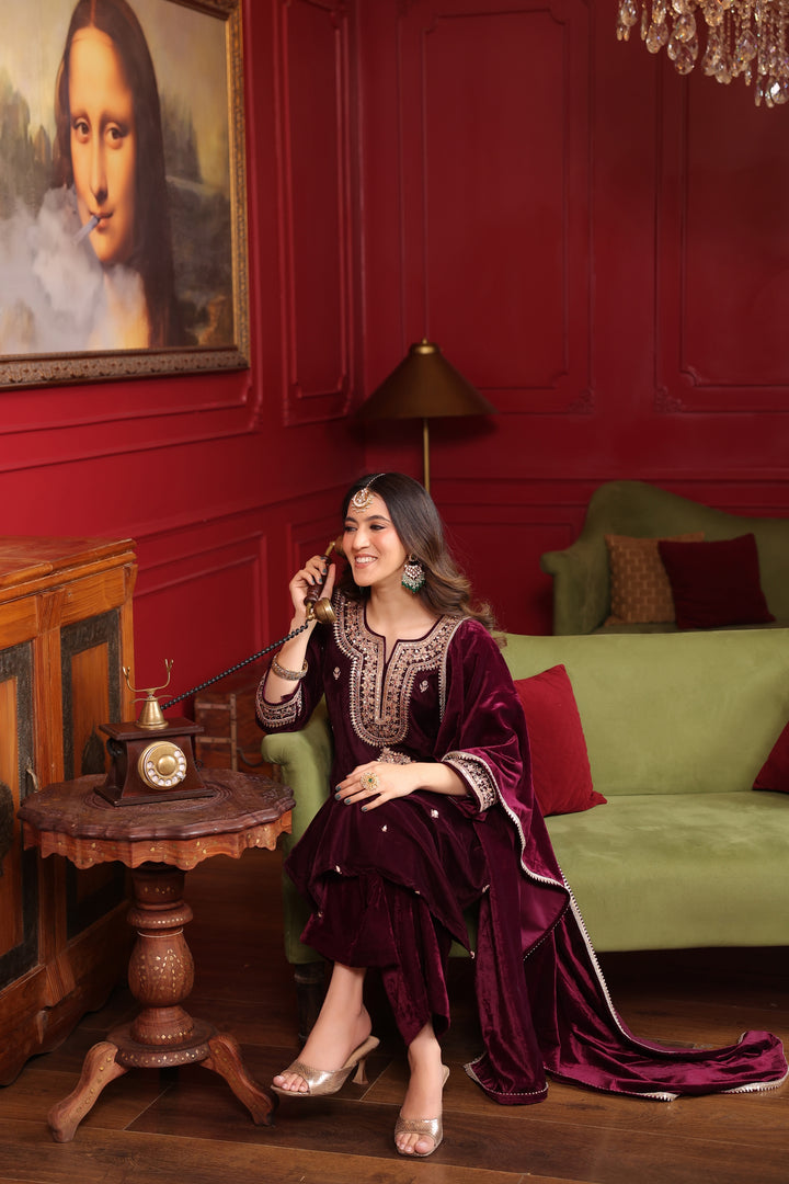 Wine Velvet Marodi Suit Set