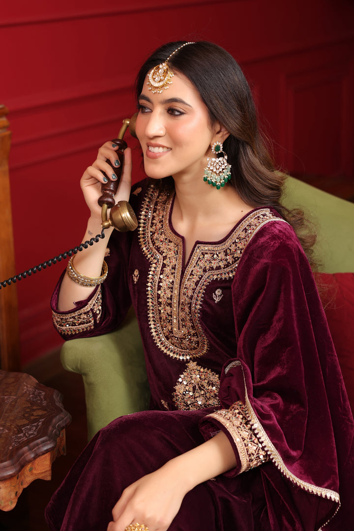 Wine Velvet Marodi Suit Set