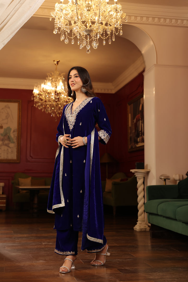 Royal Blue Velvet Zardozi Set