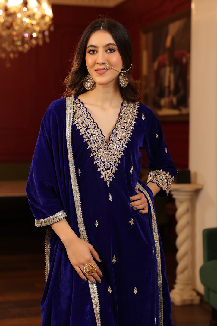 Royal Blue Velvet Zardozi Set