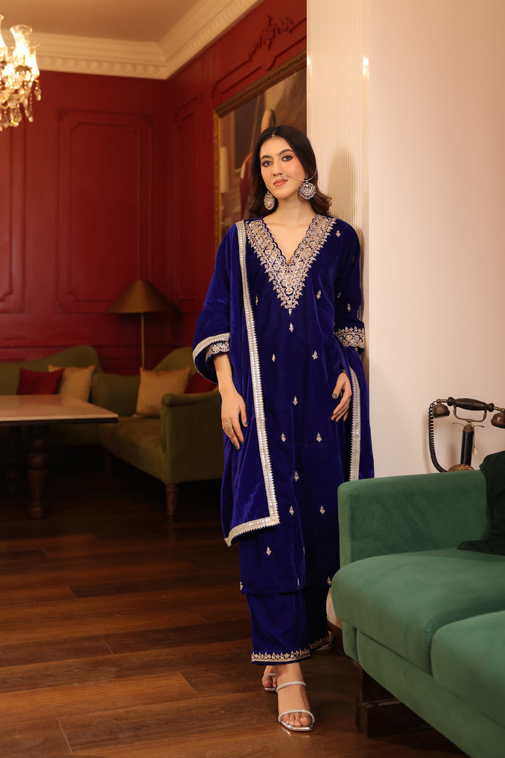 Royal Blue Velvet Zardozi Set