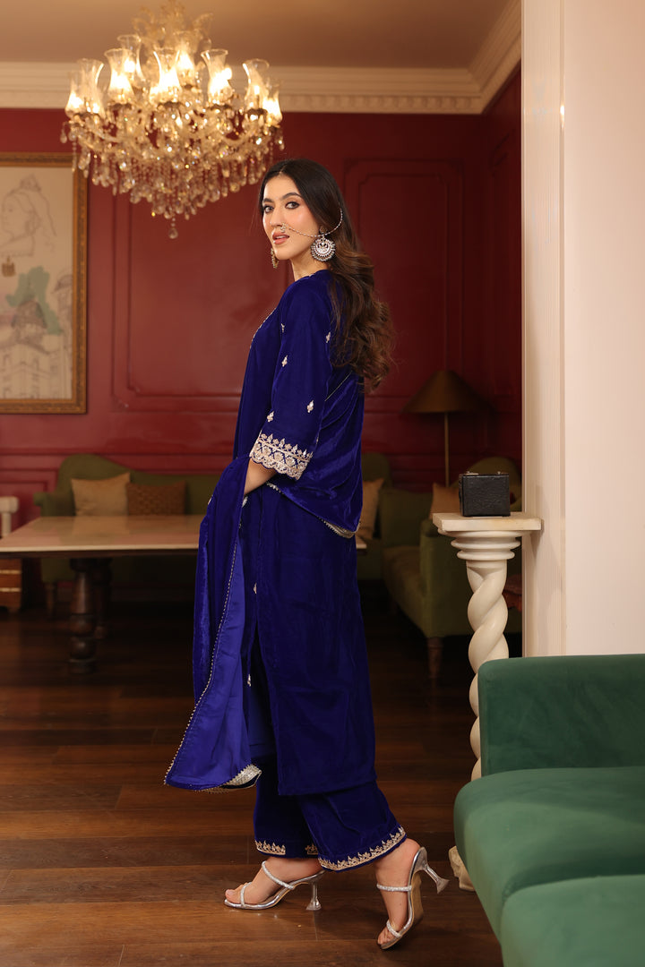 Royal Blue Velvet Zardozi Set