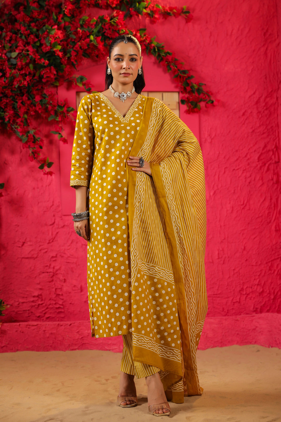 Yellow Polka Cotton Straight Suit Set