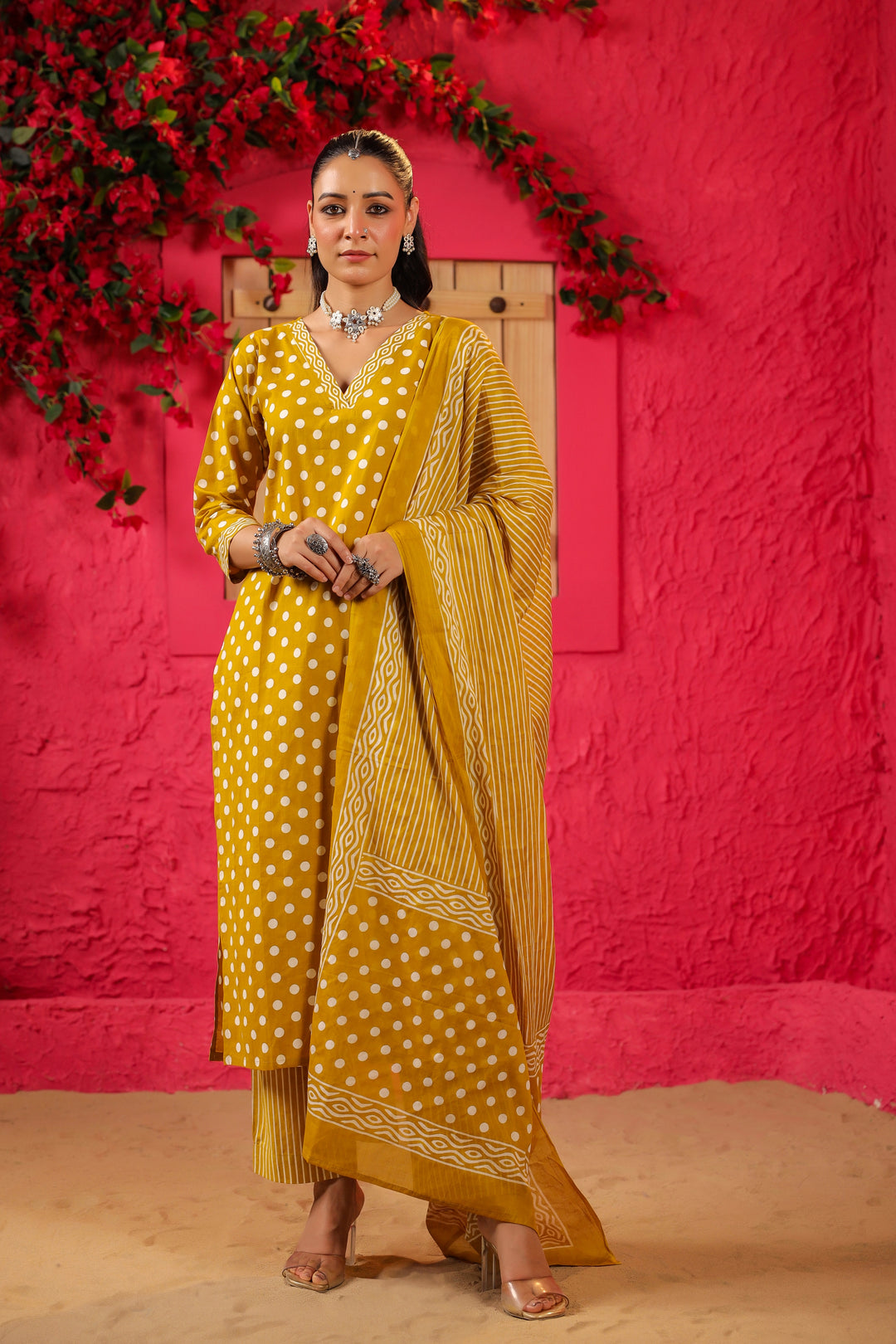 Yellow Polka Cotton Straight Suit Set