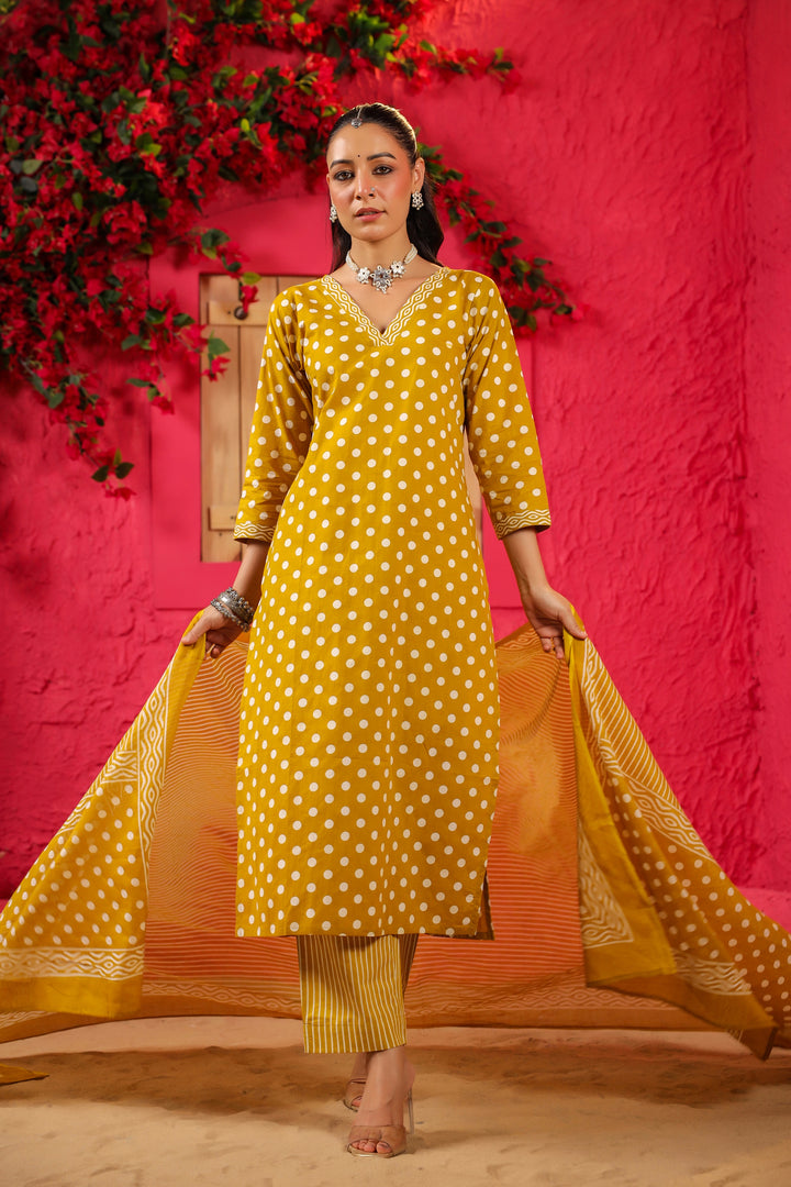 Yellow Polka Cotton Straight Suit Set