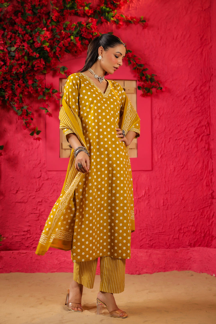 Yellow Polka Cotton Straight Suit Set