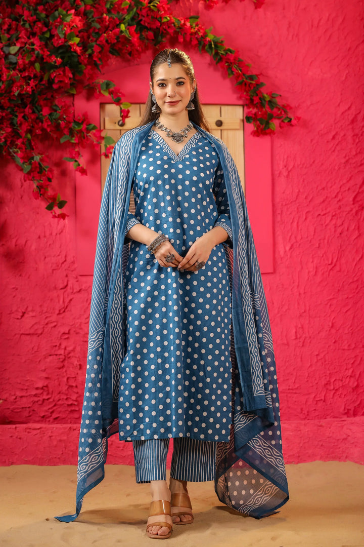 Unstitched - Blue Polka Straight Suit Set