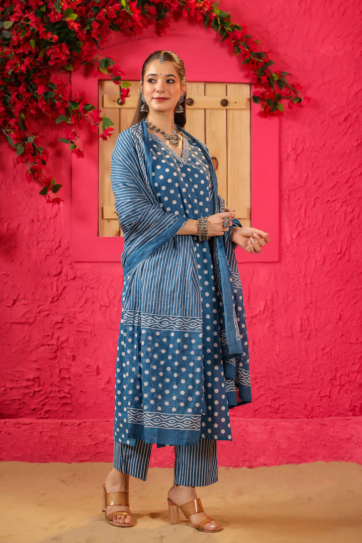 Blue Polka Straight Suit Set