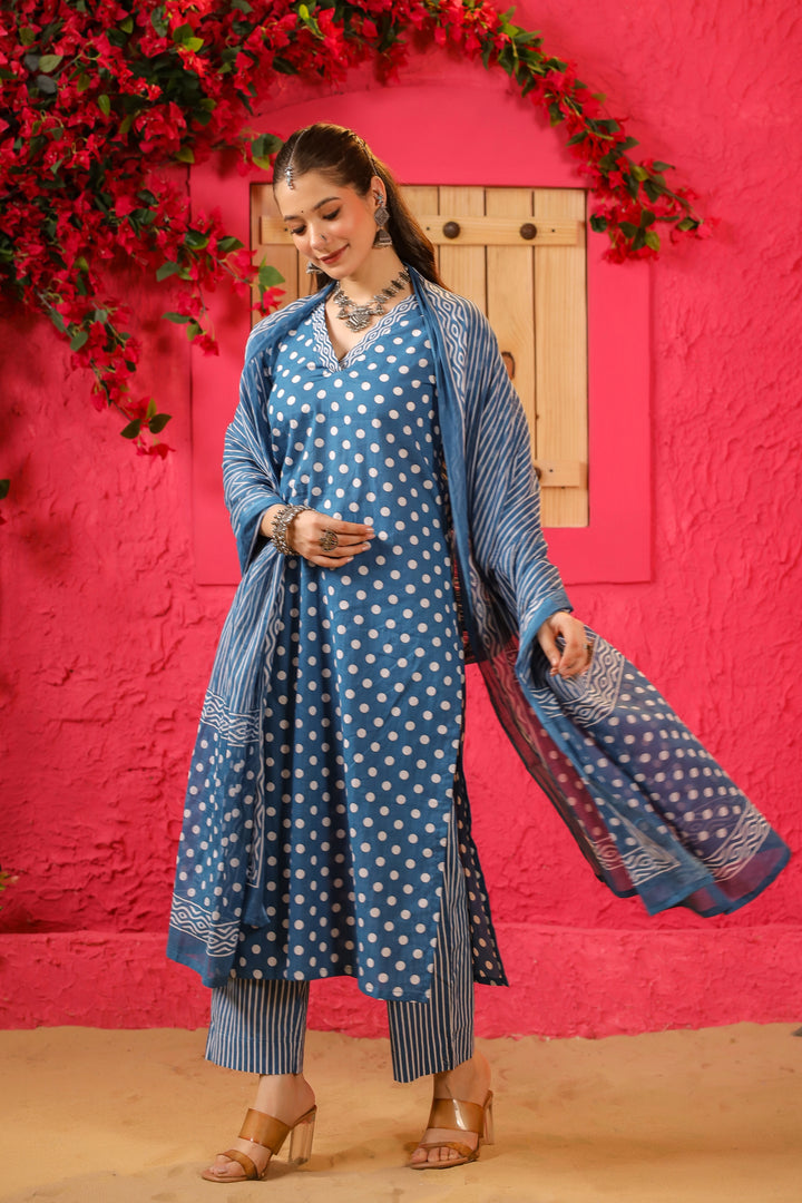 Blue Polka Straight Suit Set