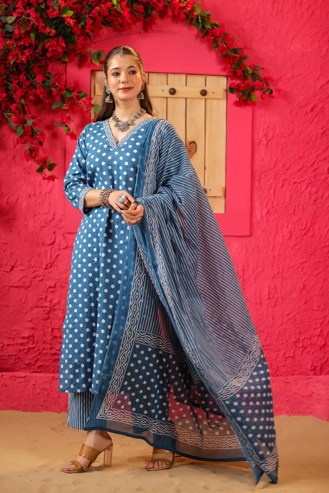 Blue Polka Straight Suit Set