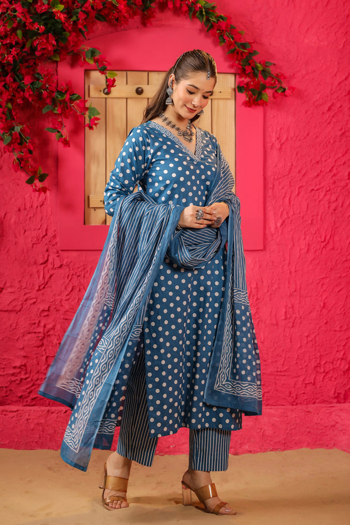 Blue Polka Straight Suit Set